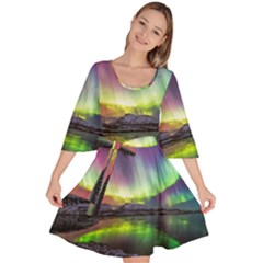 Aurora Borealis Polar Northern Lights Natural Phenomenon North Night Mountains Velour Kimono Dress by Grandong