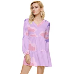 Sky Nature Sunset Clouds Space Fantasy Sunrise Tiered Long Sleeve Mini Dress by Vaneshop