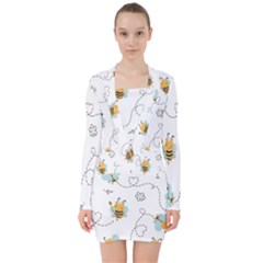 Bee Art Pattern Design Wallpaper Background Print V-neck Bodycon Long Sleeve Dress by Vaneshop