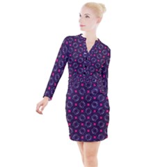 Geometric Pattern Retro Style Background Button Long Sleeve Dress by Vaneshop