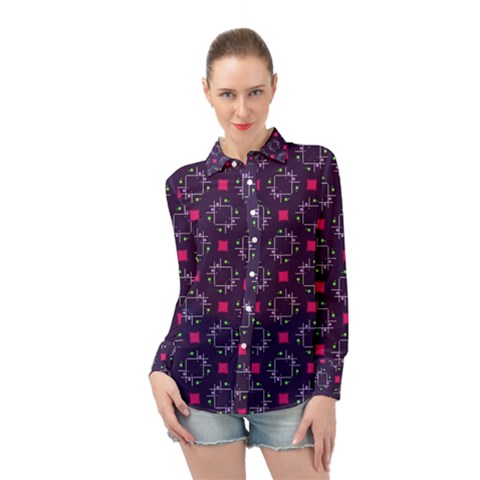 Geometric Pattern Retro Style Background Long Sleeve Chiffon Shirt by Vaneshop