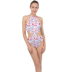 Love Mom Happy Mothers Day I Love Mom Graphic Halter Side Cut Swimsuit by Vaneshop