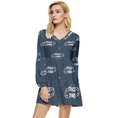 Space Dino Art Pattern Design Wallpaper Background Tiered Long Sleeve Mini Dress by Vaneshop