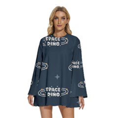 Space Dino Art Pattern Design Wallpaper Background Round Neck Long Sleeve Bohemian Style Chiffon Mini Dress by Vaneshop