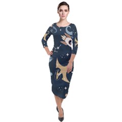 Space Theme Art Pattern Design Wallpaper Quarter Sleeve Midi Velour Bodycon Dress by Vaneshop