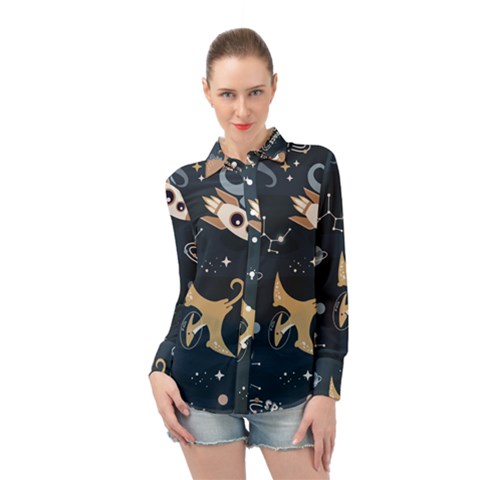 Space Theme Art Pattern Design Wallpaper Long Sleeve Chiffon Shirt by Vaneshop