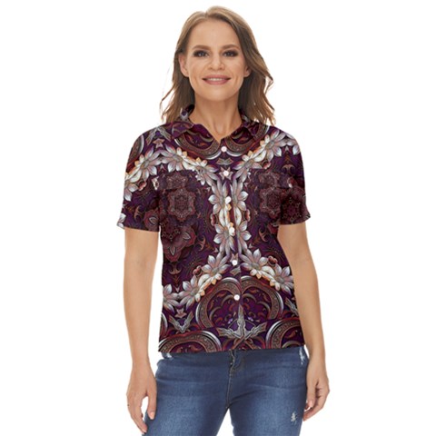 Rosette Kaleidoscope Mosaic Abstract Background Women s Short Sleeve Double Pocket Shirt by Vaneshop