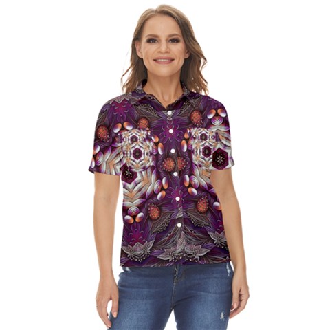 Rosette Kaleidoscope Mosaic Abstract Background Art Women s Short Sleeve Double Pocket Shirt by Vaneshop