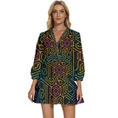 Circuit Hexagonal Geometric Pattern Background Pattern V-neck Placket Mini Dress by Vaneshop