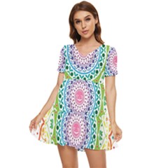 Mandala Pattern Rainbow Pride Tiered Short Sleeve Babydoll Dress by Vaneshop