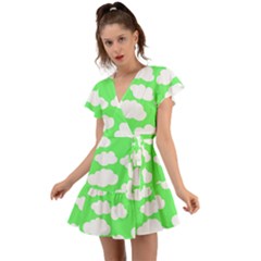 Cute Clouds Green Neon Flutter Sleeve Wrap Dress by ConteMonfrey