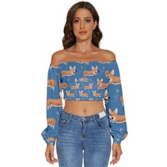 Corgi Patterns Long Sleeve Crinkled Weave Crop Top by Amaryn4rt