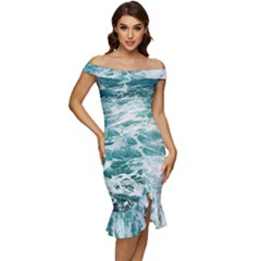 Blue Crashing Ocean Wave Off Shoulder Ruffle Split Hem Bodycon Dress by Jack14