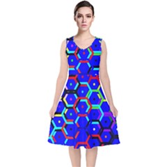 Blue Bee Hive Pattern V-neck Midi Sleeveless Dress  by Amaryn4rt