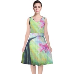 Forests Stunning Glimmer Paintings Sunlight Blooms Plants Love Seasons Traditional Art Flowers Sunsh V-neck Midi Sleeveless Dress  by Amaryn4rt