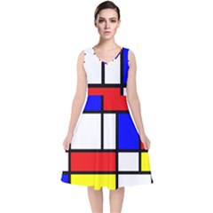 Mondrian-red-blue-yellow V-neck Midi Sleeveless Dress  by Amaryn4rt