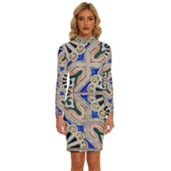 Ceramic-portugal-tiles-wall- Long Sleeve Shirt Collar Bodycon Dress by Amaryn4rt