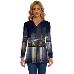 Cleveland Building City By Night Long Sleeve Drawstring Hooded Top by Amaryn4rt