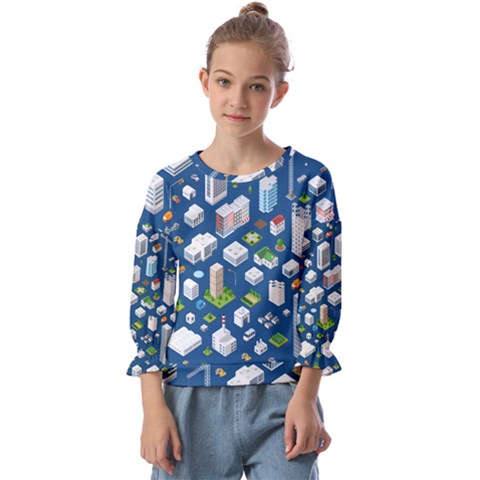 Isometric-seamless-pattern-megapolis Kids  Cuff Sleeve Top by Amaryn4rt