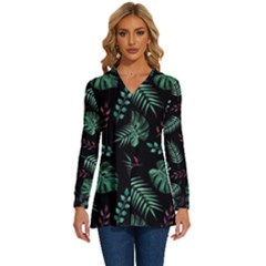 Abstract-seamless-pattern-with-tropical-leaves Long Sleeve Drawstring Hooded Top by Amaryn4rt