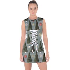 Christmas Trees Pattern Wallpaper Lace Up Front Bodycon Dress by Pakjumat