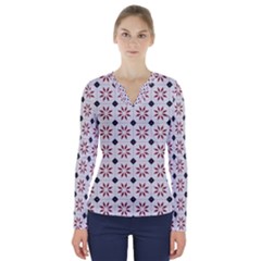 Tile Pattern Design Flowers V-neck Long Sleeve Top by Pakjumat