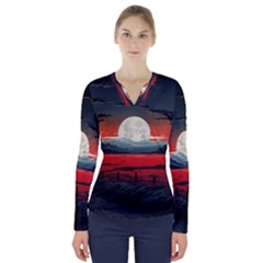 Winter Painting Moon Night Sky V-neck Long Sleeve Top by Pakjumat