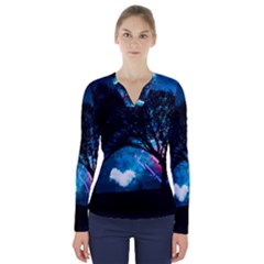 Trees Surreal Universe Silhouette V-neck Long Sleeve Top by Pakjumat