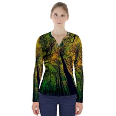 Landscape Night Moon Star Nature V-neck Long Sleeve Top by Pakjumat