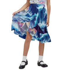 Storm Tsunami Waves Ocean Sea Nautical Nature Kids  Ruffle Flared Wrap Midi Skirt by Pakjumat