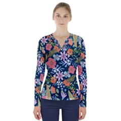 Flowers Flower Flora Nature Floral Background Painting V-neck Long Sleeve Top by Pakjumat