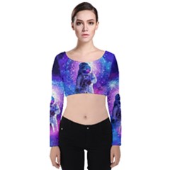 The Cosmonaut Galaxy Art Space Astronaut Velvet Long Sleeve Crop Top by Pakjumat