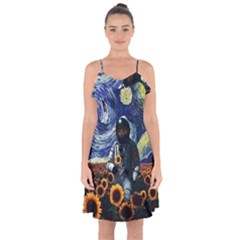 Starry Surreal Psychedelic Astronaut Space Ruffle Detail Chiffon Dress by Pakjumat