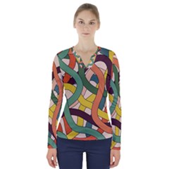 Snake Stripes Intertwined Abstract V-neck Long Sleeve Top by Pakjumat