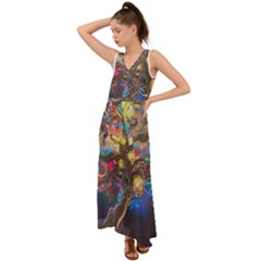 Psychedelic Tree Abstract Psicodelia V-neck Chiffon Maxi Dress by Modalart