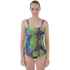 Green Peace Sign Psychedelic Trippy Twist Front Tankini Set by Modalart