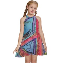 Hippie Peace Sign Psychedelic Trippy Kids  Halter Collar Waist Tie Chiffon Dress by Modalart