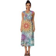 Psychedelic Flowers Yellow Abstract Psicodelia Sleeveless Round Neck Midi Dress by Modalart