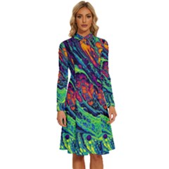 Color Colorful Geoglyser Abstract Holographic Long Sleeve Shirt Collar A-line Dress by Modalart