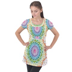 Mandala Pattern Rainbow Pride Puff Sleeve Tunic Top by Vaneshop