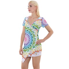 Mandala Pattern Rainbow Pride Short Sleeve Asymmetric Mini Dress by Vaneshop