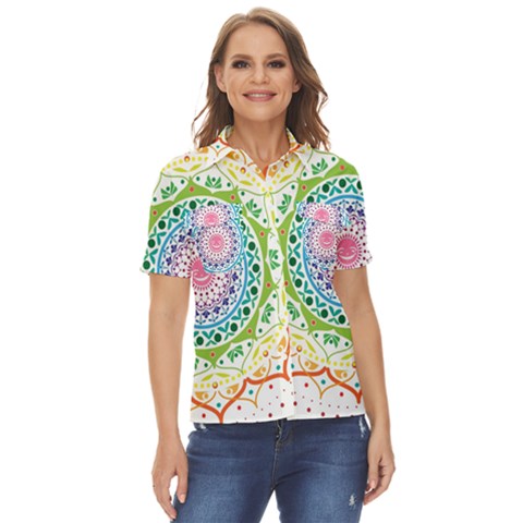 Mandala Pattern Rainbow Pride Women s Short Sleeve Double Pocket Shirt by Vaneshop