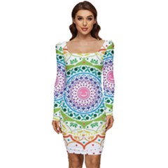 Mandala Pattern Rainbow Pride Women Long Sleeve Ruched Stretch Jersey Dress by Vaneshop