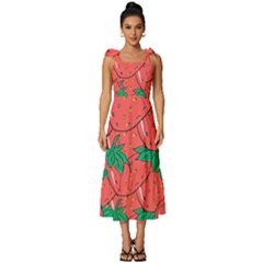 Texture Sweet Strawberry Dessert Food Summer Pattern Tie-strap Tiered Midi Chiffon Dress by Sarkoni