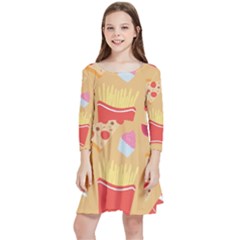 Fast Junk Food  Pizza Burger Cool Soda Pattern Kids  Quarter Sleeve Skater Dress by Sarkoni