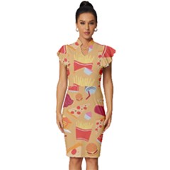 Fast Junk Food  Pizza Burger Cool Soda Pattern Vintage Frill Sleeve V-neck Bodycon Dress by Sarkoni