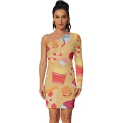 Fast Junk Food  Pizza Burger Cool Soda Pattern Long Sleeve One Shoulder Mini Dress by Sarkoni