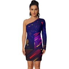 Vector Design Gamming Sytle Retro Art Pattern Long Sleeve One Shoulder Mini Dress by Sarkoni