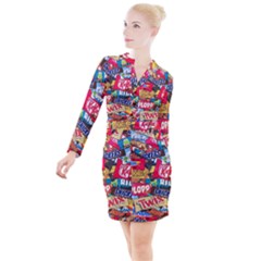 Pop Art Food Cute Patterns Button Long Sleeve Dress by Sarkoni