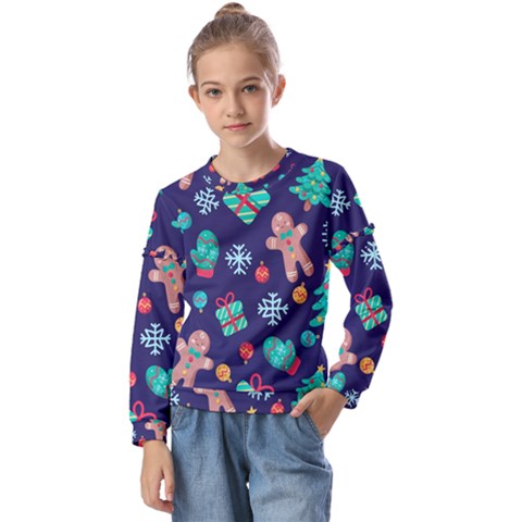 Christmas Texture New Year Background Trees Retro Pattern Kids  Long Sleeve T-shirt With Frill  by Sarkoni